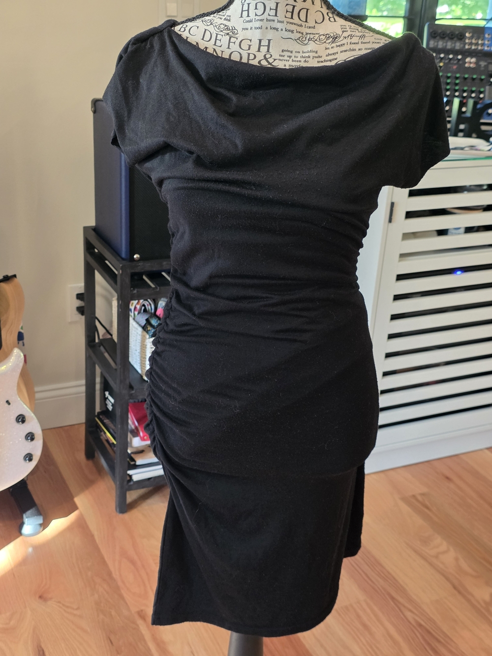 Planet Gold Black Ruched Midi Dress with Draped Neckline